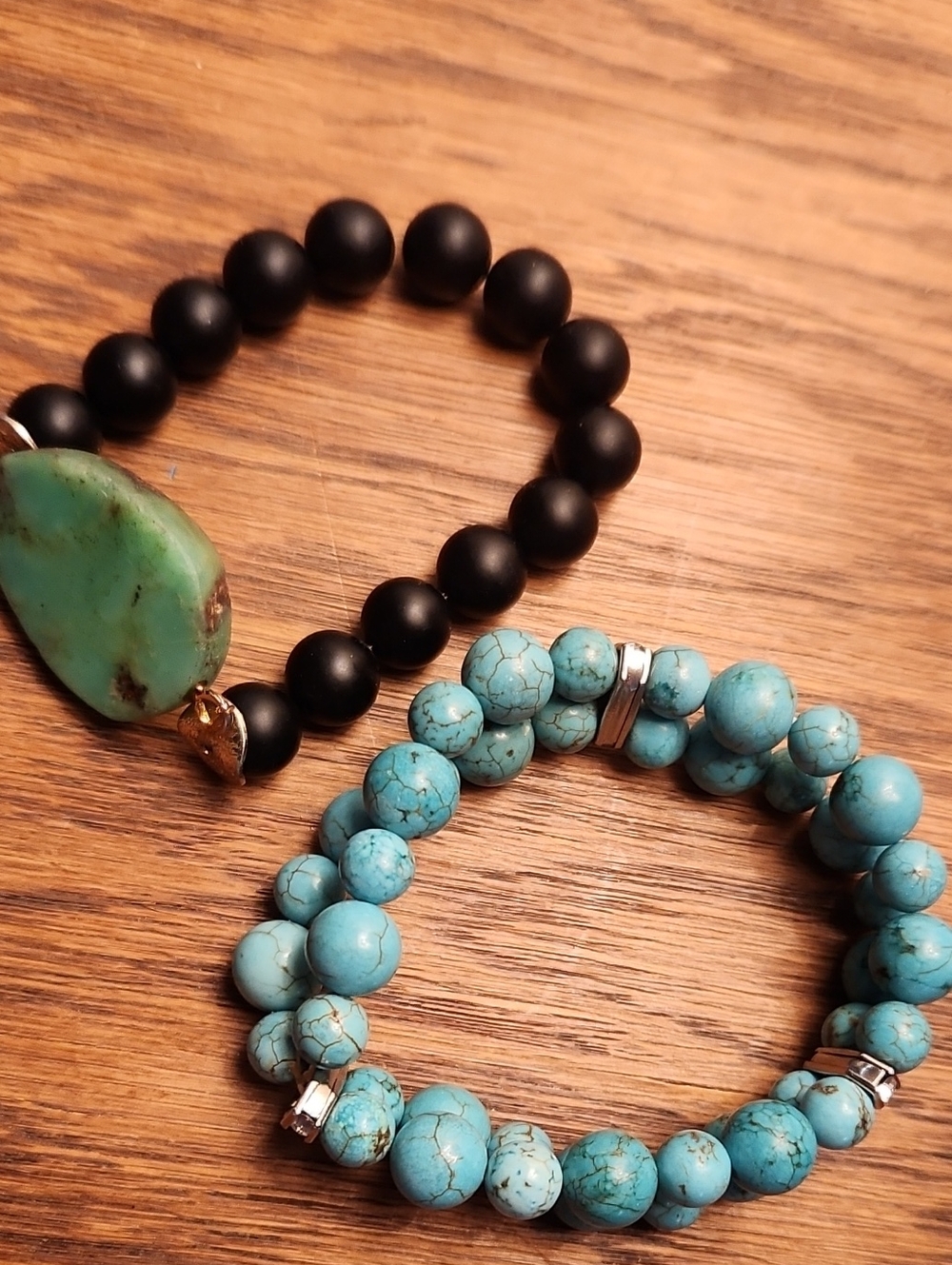 Turquoise Color and Black Bead Stretch Bracelets - Set of 2